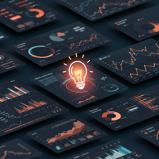 An lightbulb popping out of an array of screens showing data.